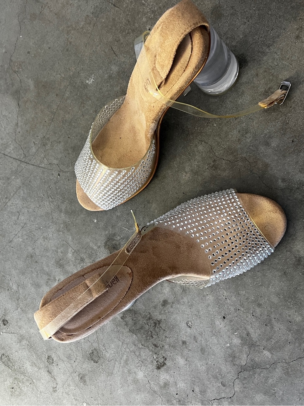 Jeffrey Campbell Nude Suede Sandals with Crystal Studded Clear Straps